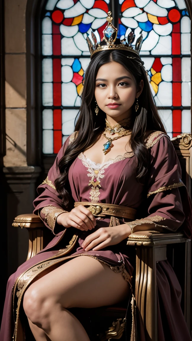 A queen on a throne, black hair, a crown, stained glass window