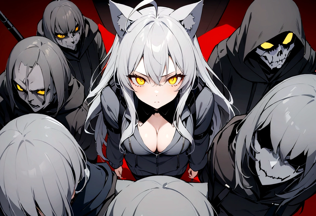 Surrounded by enemies、(masterpiece, best quality:1.2), 1girl, 独奏、Gray cat ears、Point your gun at us、Grey long hair、Ahoge、Yellow Eyes、Gray cat ears、The hoodie I took off was my carry-on baggage.、Ready your gun?、sniper rifle、Background of military bases、Fisheye Lens、battlefield、Shadows of light and darkness、Expressionless、Grim face、battle、blackニーソックス、Cleavage、black