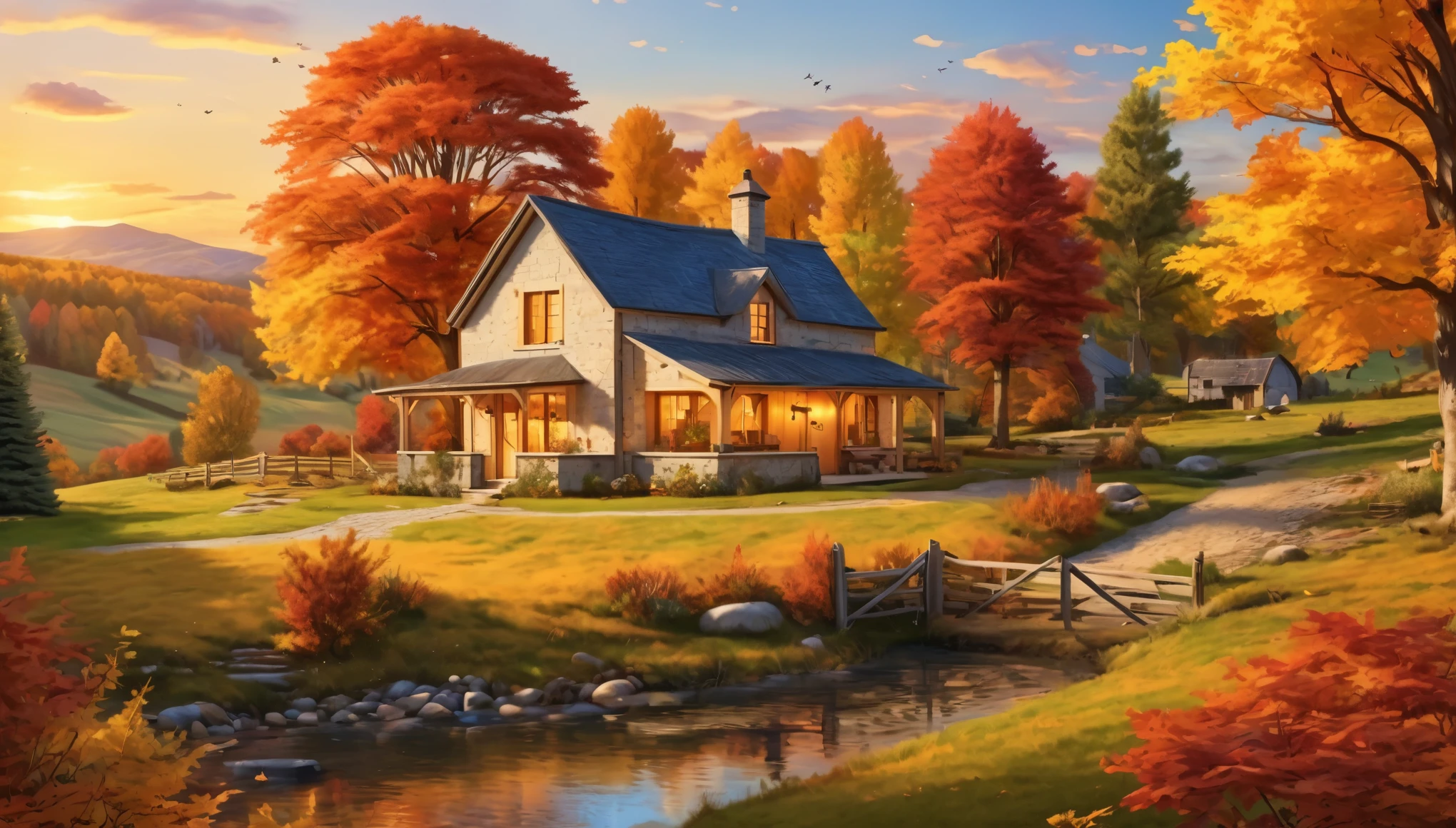 The farmhouse set in a serene autumn landscape with warm, vibrant foliage and a golden sunset. hyper realistic photo, vibrant color, 16k