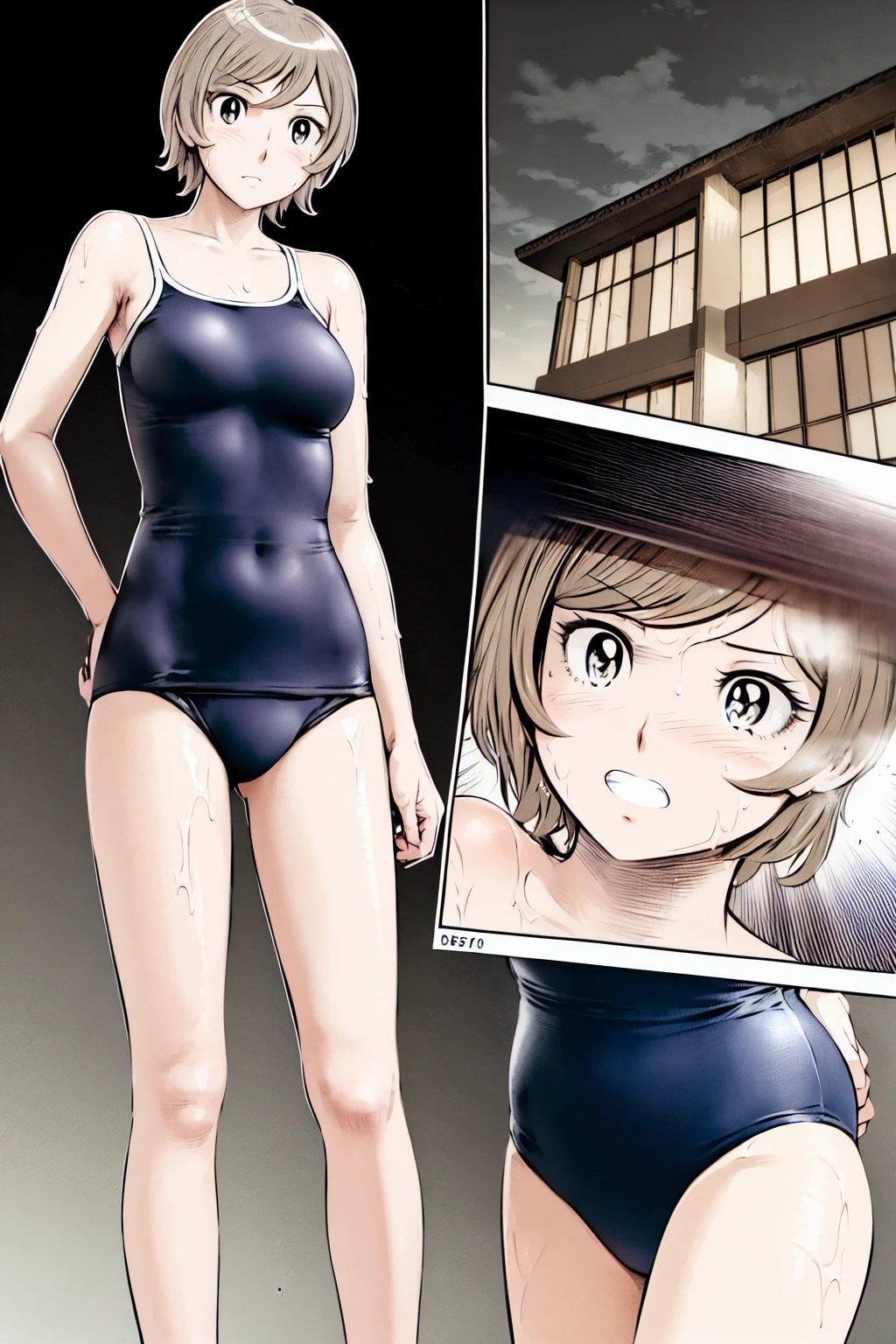 Blonde, (short hair:1.2)、((Illustration of a person))、Big Breasts、
View your viewers,, (Highest quality:1.3),blue eye star piece、Highest quality)、Highest quality, Ultra-high resolution, (((masterpiece))), alone, Sweat、Big eyes、Big Breasts、One Girl, Front view、Embarrassed face、Bronze colored hair、((short hair))、One Girl, alone, blush, Big Breasts,
Bare arms, Wet, Pool, 青いSchool Swimsuit, Thighs, Place your arms at your sides, Bare arms, Cowboy Shot, Are standing, School Swimsuit,bite、High Leg、mansuji、Boobs exposed、Nipples、Shoulder straps fall、One side off-shoulder、Breast Exposure、Happenings