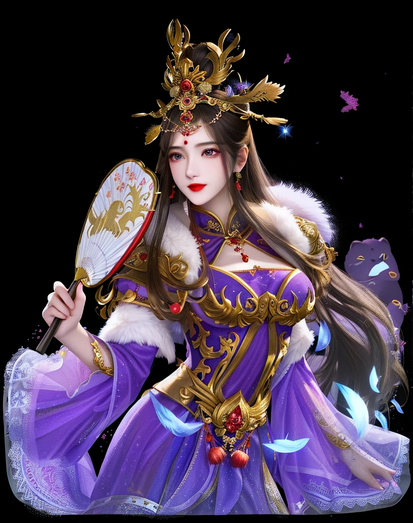 Standing with upper body, Honey, Solitary, Pale skin,Red Eyeshadow, Red lips,Mink shawl，Purple dress，Xian Xia，China，Holding a fan，Beautiful head crown，Golden decoration，Black long hair， masterpiece, high quality