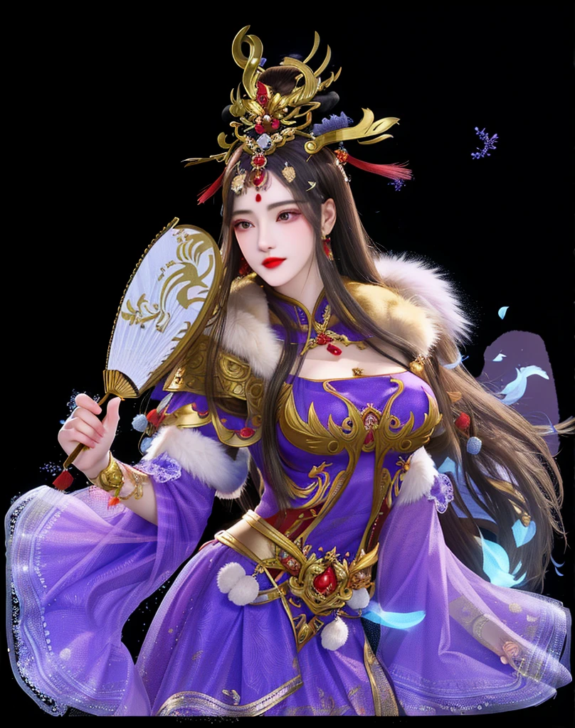 Standing with upper body, Honey, Solitary, Pale skin,Red Eyeshadow, Red lips,Mink shawl，Purple dress，Xian Xia，China，Holding a fan，Beautiful head crown，Golden decoration，Black long hair， masterpiece, high quality