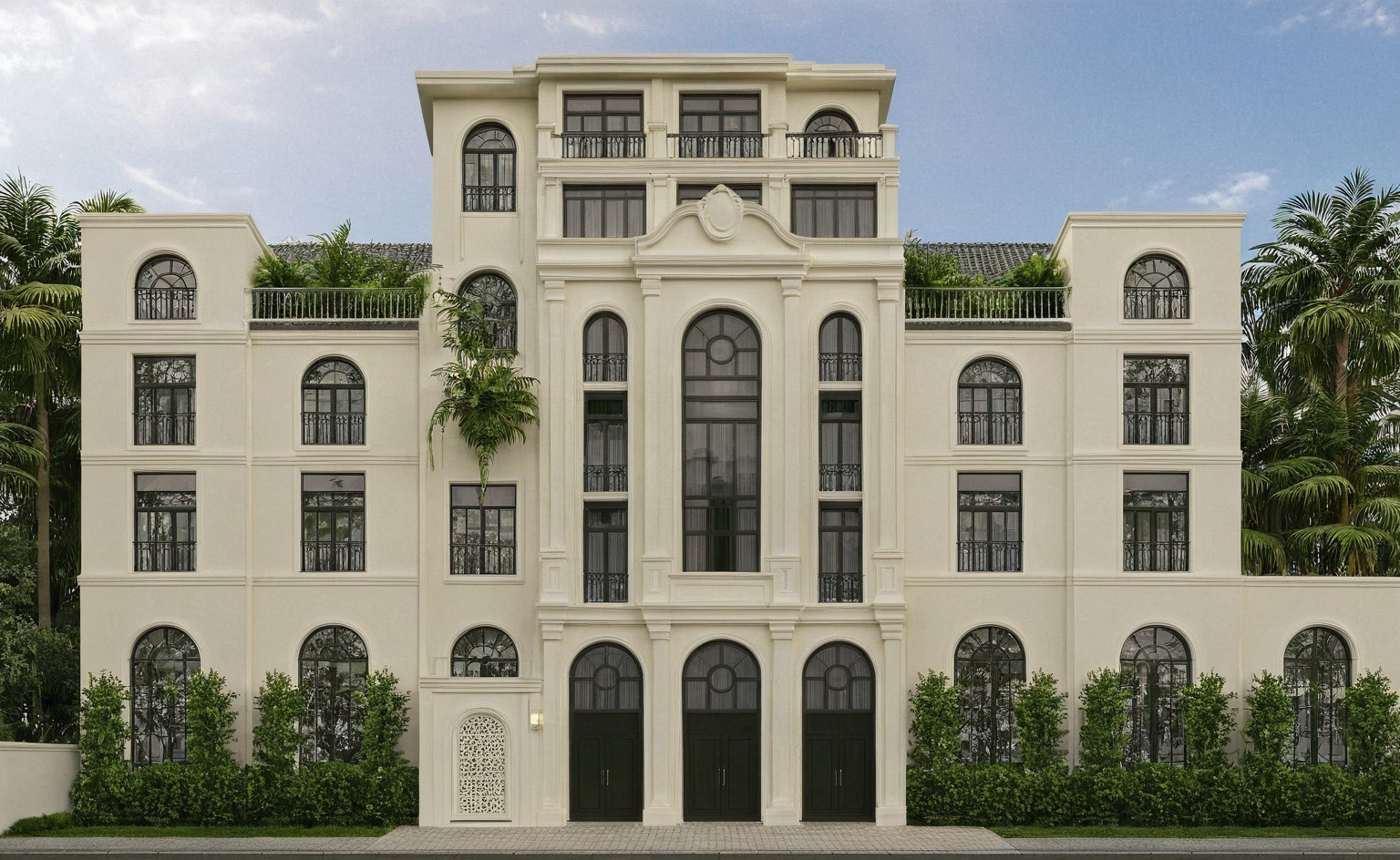 Raw photo, Masterpiece, high quality, best quality, realistic, super detailed, outdoor, neoclassical townhouse style, neoclassical traditional house, large glass windows and first floor, tiled roof green, pattern, white wall, sidewalk, grass, trees, tropical plants, clear sky, clouds, (natural light), (daylight:1.2)