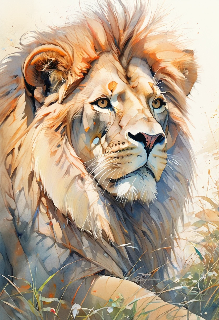 (Highest quality:0.8), (Highest quality:0.8), Perfect illustration,Close-up portrait of a lion、grassland
