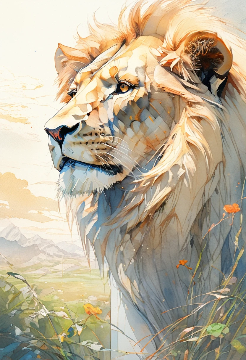 (Highest quality:0.8), (Highest quality:0.8), Perfect illustration,Close-up portrait of a lion、grassland