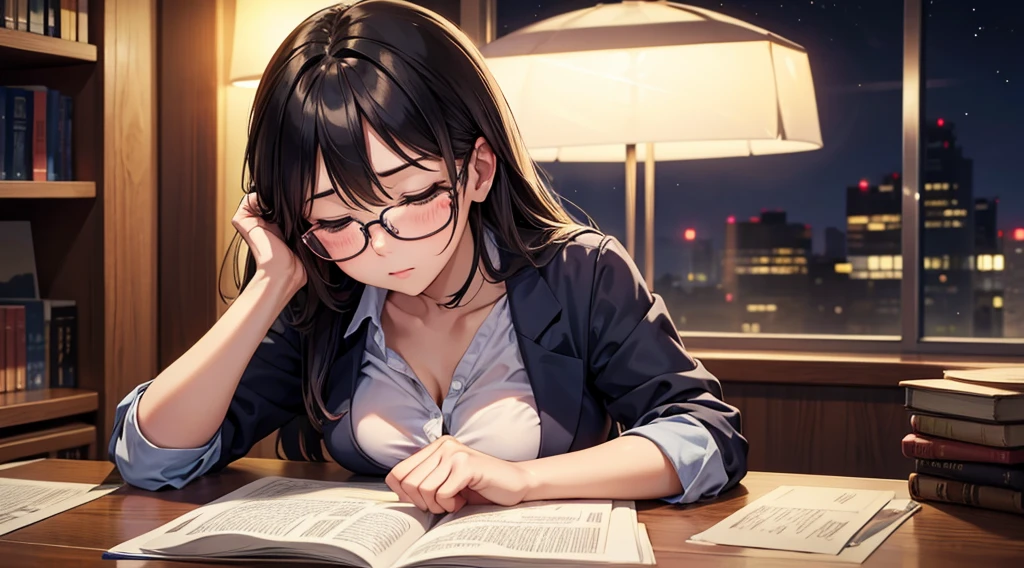 Falling asleep face down while studying at night、A cute girl wearing glasses that accentuate her breasts a little