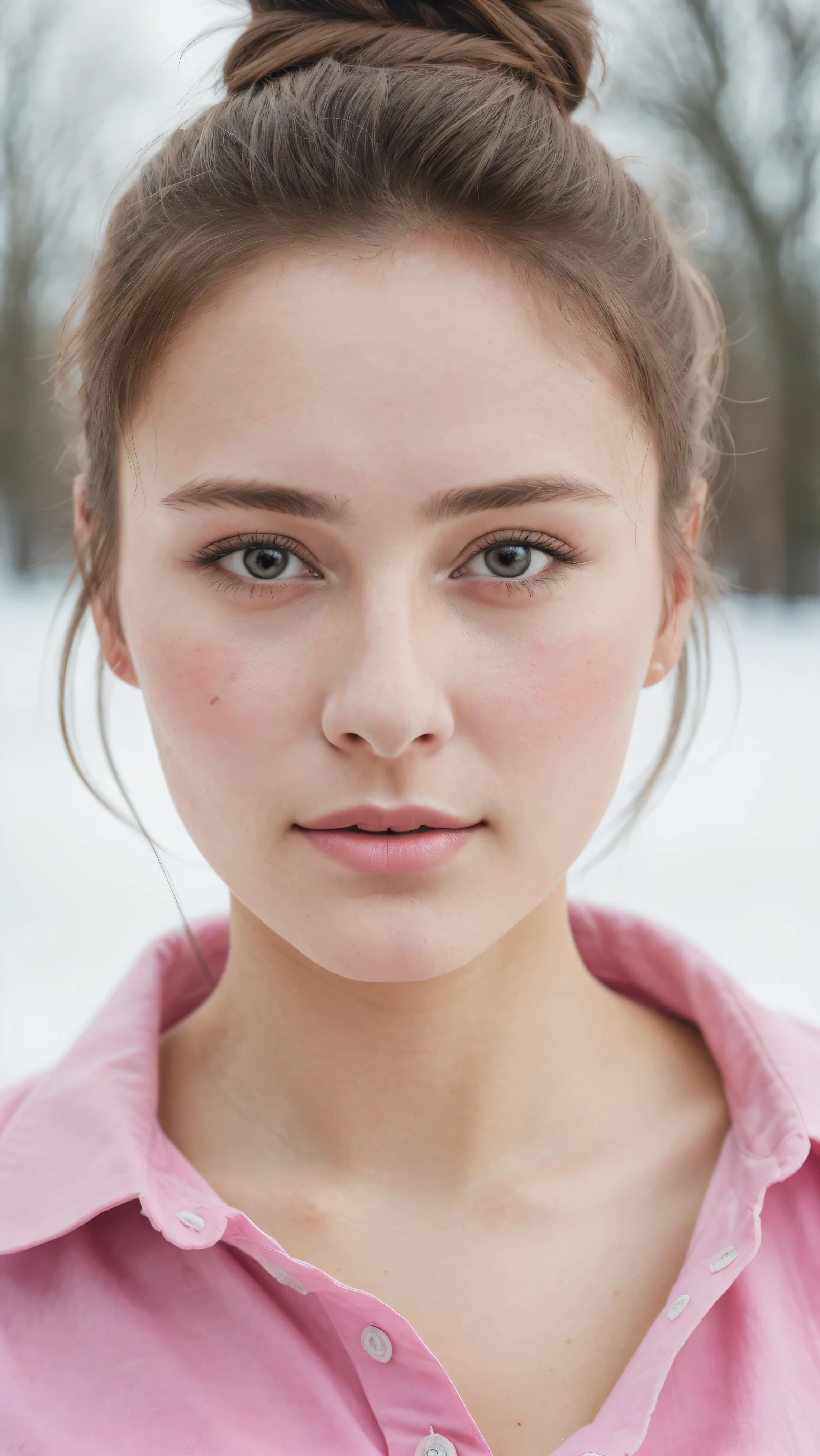Portraiture, 20 year old brunette german girl, Sexy and attractive expression, Wearing a pink shirt, Messy bun, 8k, highest quality, masterpiece, (Looking into the camera:1.3), photograph, (beautiful), realistic skin, realistic skin texture, big breast, fair, bright, cold weather, winters,