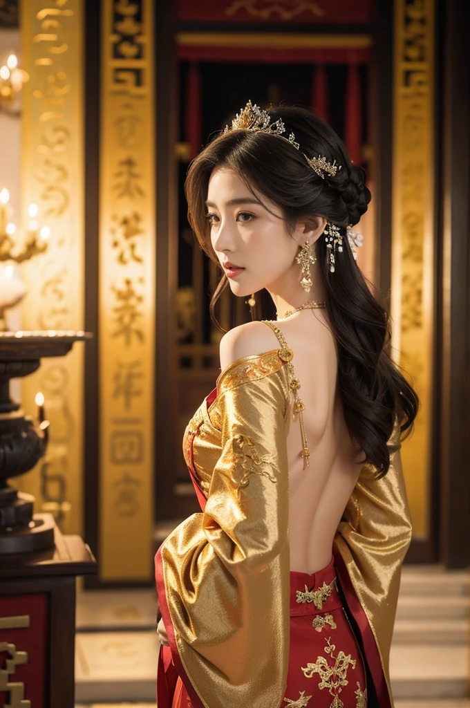 (((best quality))),(((ultra detailed))),(((masterpiece))),illustration,1 girl,solo,slim,thin,shoulder length straight bob hair,earrings,necklace,small breasts,flat chest,slender legs,high heels,Asian appearance,princess,royal,Chinese palace,night scene,(magnificent dragon robe:1.3),(sleeves:1.2),golden crown,intricate embroidery,luxurious fabric,precious stones,(arms behind back:1.3),decorative patterns,rich decorations,luxurious furnishings,regal charm,beautiful face,gentle smile,bright eyes,historical,traditional,city lights,modernity,frozen moment,beauty of the past,evolution of time,(from front:1.3),(upper body:1.2),(standing:1.3),(arms behind back:1.3)