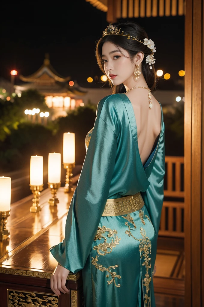 (((best quality))),(((ultra detailed))),(((masterpiece))),illustration,1 girl,solo,slim,thin,shoulder length straight bob hair,earrings,necklace,small breasts,flat chest,slender legs,high heels,Asian appearance,princess,royal,Chinese palace,night scene,(magnificent dragon robe:1.3),(sleeves:1.2),golden crown,intricate embroidery,luxurious fabric,precious stones,(arms behind back:1.3),decorative patterns,rich decorations,luxurious furnishings,regal charm,beautiful face,gentle smile,bright eyes,historical,traditional,city lights,modernity,frozen moment,beauty of the past,evolution of time,(from front:1.3),(upper body:1.2),(standing:1.3),(arms behind back:1.3)