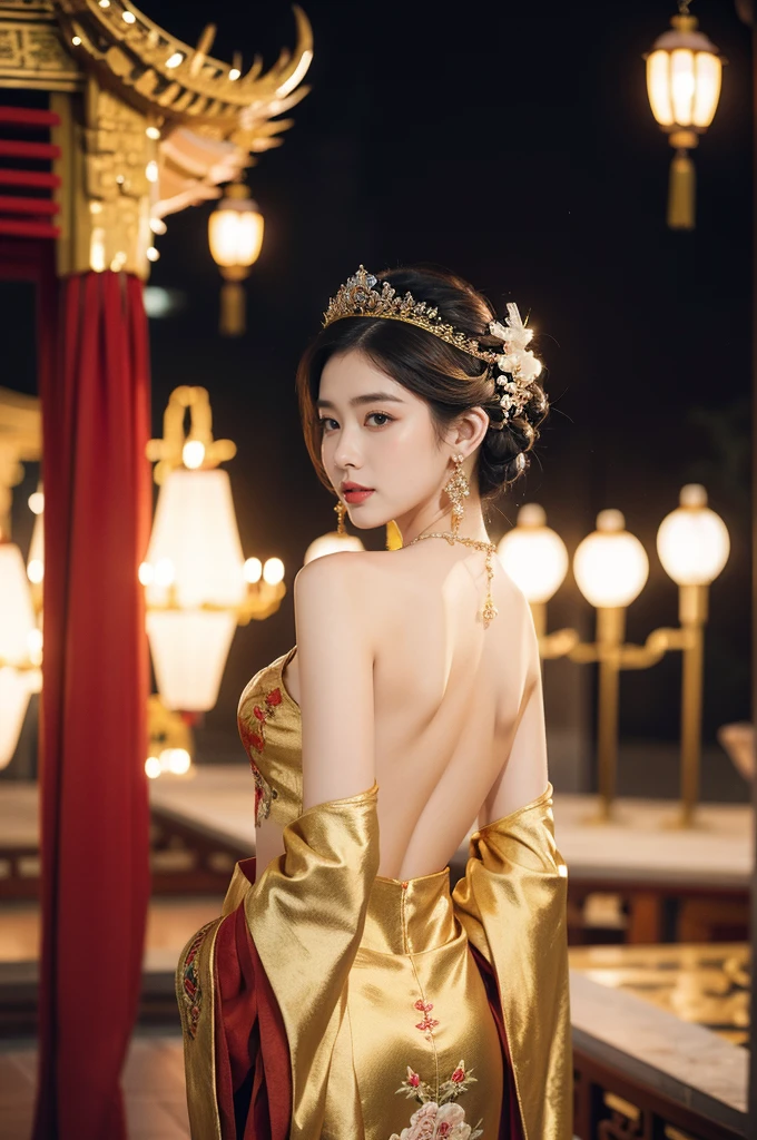 (((best quality))),(((ultra detailed))),(((masterpiece))),illustration,1 girl,solo,slim,thin,shoulder length straight bob hair,earrings,necklace,small breasts,flat chest,slender legs,high heels,Asian appearance,princess,royal,Chinese palace,night scene,(magnificent dragon robe:1.3),(sleeves:1.2),golden crown,intricate embroidery,luxurious fabric,precious stones,(arms behind back:1.3),decorative patterns,rich decorations,luxurious furnishings,regal charm,beautiful face,gentle smile,bright eyes,historical,traditional,city lights,modernity,frozen moment,beauty of the past,evolution of time,(from front:1.3),(upper body:1.2),(standing:1.3),(arms behind back:1.3)
