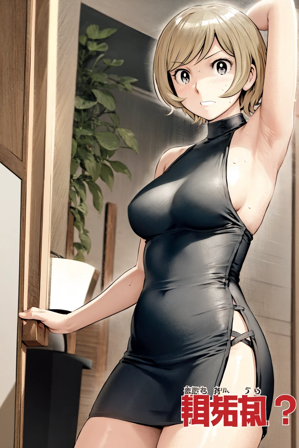 、(masterpiece、Highest quality)、Highest quality, Ultra-high resolution, (((masterpiece))), alone, Sweat、Big eyes, Please show me your armpits, No sleeve、Outdoor、Floral dress、Composition from the front、（Cut the back hair short、short hair、blonde、woman）、Shortcuts、Embarrassed face、Cut your hair short、可愛いwomanの子、Big Breasts