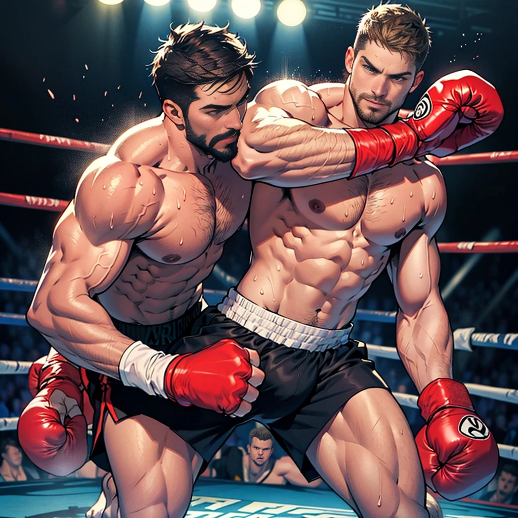 32k, mature daddy,stephen amell ,dark blond hair, stubble,beard and sexy moustache ,muscular , best quality, masterpiece, ultra high resolution, Detailed background illustration, single, muscles, Volumetric lighting, depth of field, beard, flow,wearing a boxing short , shirtless showing hard nipples , huge bulge, boxing gloves ,, martial artist, flow sweat, short dark blond hair, perfect eyes, barefoot, Boxing pose in the ring