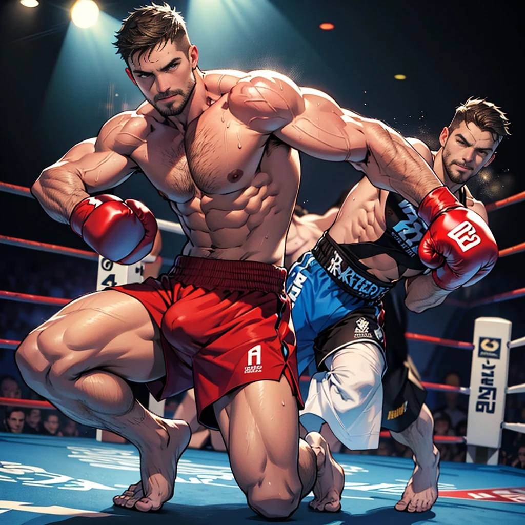 32k, mature daddy,stephen amell ,dark blond hair, stubble,beard and sexy moustache ,muscular , best quality, masterpiece, ultra high resolution, Detailed background illustration, single, muscles, Volumetric lighting, depth of field, beard, flow,wearing a boxing short , shirtless showing hard nipples , huge bulge, boxing gloves ,, martial artist, flow sweat, short dark blond hair, perfect eyes, barefoot, Boxing pose in the ring