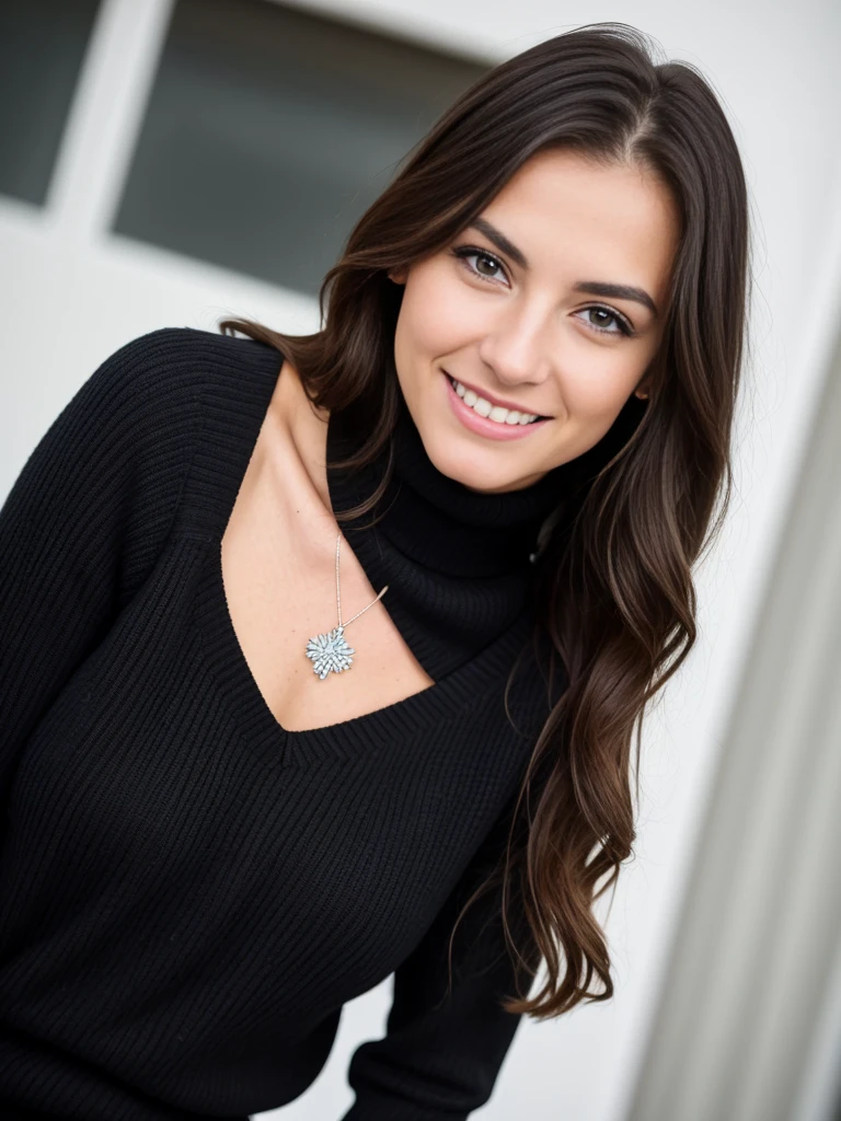 beautiful brunette wearing a black turtleneck sweater, dress pants and black shoes, also wearing a necklace (she is standing, full body, model pose), very detailed, 21 years old, innocent face, natural wavy hair, blue eyes, tall resolution, masterpiece, best quality, intricate details, highly detailed, sharp focus, detailed skin, realistic skin texture, texture, detailed eyes, professional, 4k, charming smile, shot on Canon, 85mm, shallow depth of field, color kodak vision, perfect body fit, extremely detailed, photo_\(ultra\), photorealistic, realistic, post-processing, maximum detail, roughness, real life, ultra realistic, photorealism, photography, 8k uhd, photography, (full body )