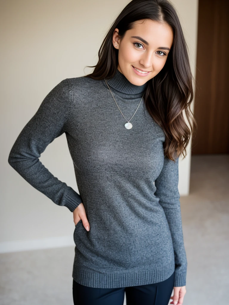 beautiful brunette wearing a black turtleneck sweater, dress pants and black shoes, also wearing a necklace (she is standing, full body, model pose), very detailed, 21 years old, innocent face, natural wavy hair, blue eyes, tall resolution, masterpiece, best quality, intricate details, highly detailed, sharp focus, detailed skin, realistic skin texture, texture, detailed eyes, professional, 4k, charming smile, shot on Canon, 85mm, shallow depth of field, color kodak vision, perfect body fit, extremely detailed, photo_\(ultra\), photorealistic, realistic, post-processing, maximum detail, roughness, real life, ultra realistic, photorealism, photography, 8k uhd, photography, (full body )