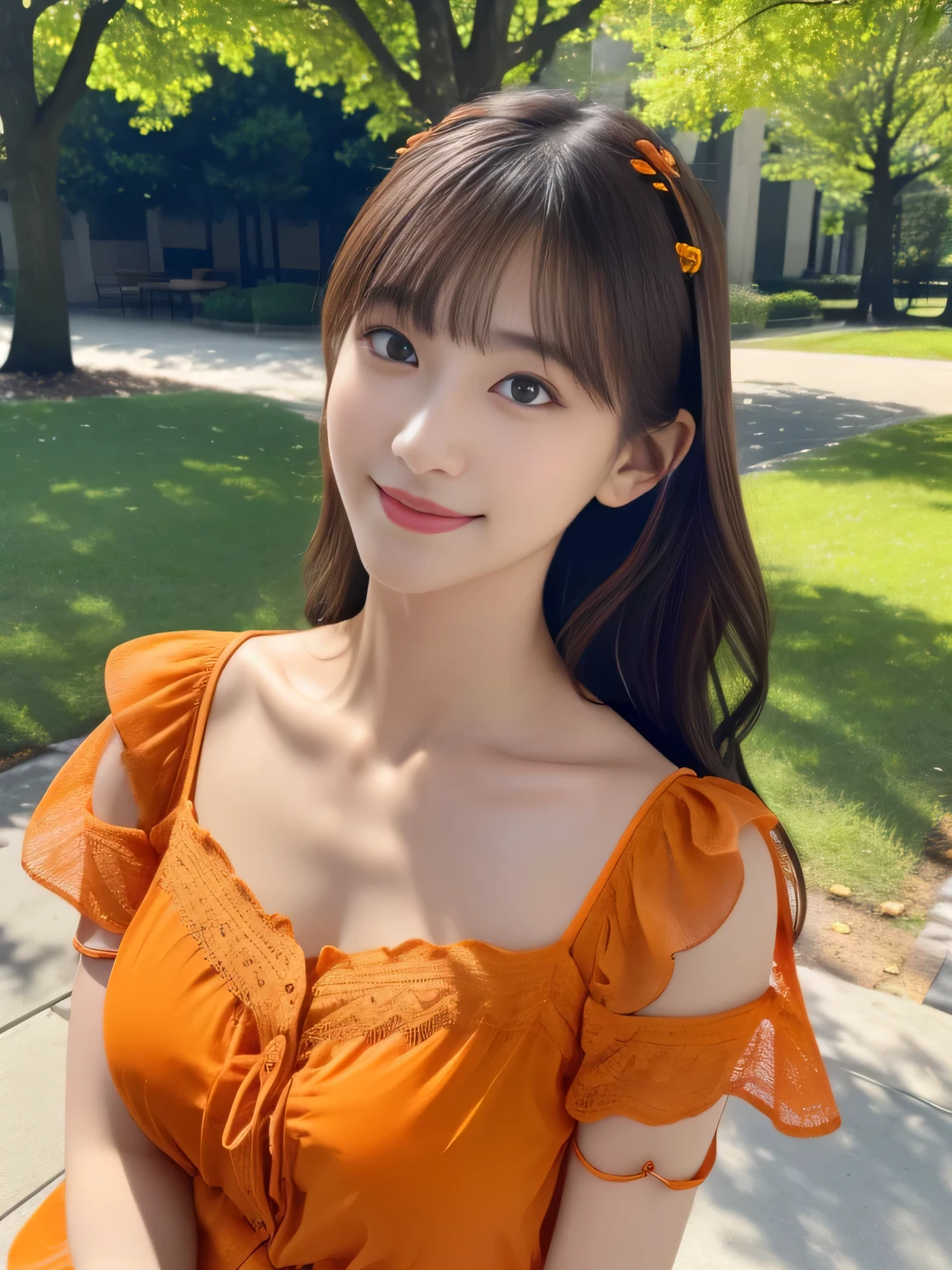 1 Girl,(Wearing an orange short-sleeved blouse:1.3),(RAW Photos, Highest quality), (Realistic, Realistic:1.4), Tabletop, Very delicate and beautiful, Very detailed, 2k wallpaper, wonderful, In detail, Very detailed CG Unity 8k wallpaper, Very detailed, High resolution, Soft Light, Beautiful detailed girl, Very detailed目と顔, Beautiful and sophisticated nose, Beautiful and beautiful eyes, Cinema Lighting, Spring afternoon park background, Perfect Anatomy, Slender body, smile, Wavy long hair, (Random body orientation), face looking at the camera,