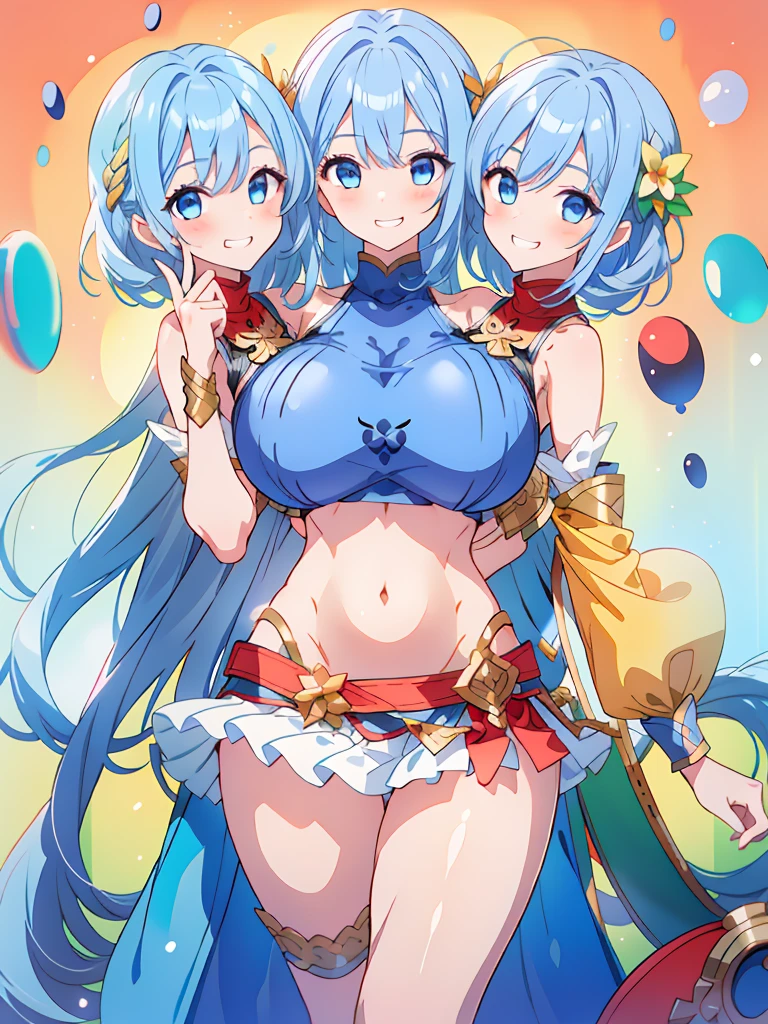 (masterpiece, best quality), best resolution, (3heads:1.5), 1girl, blue hair, long flowing hair, smiling, grinning, open belly, white-oblue crop top, white-blue miniskirt, open breasts, huge tits, curls, sexy pose
