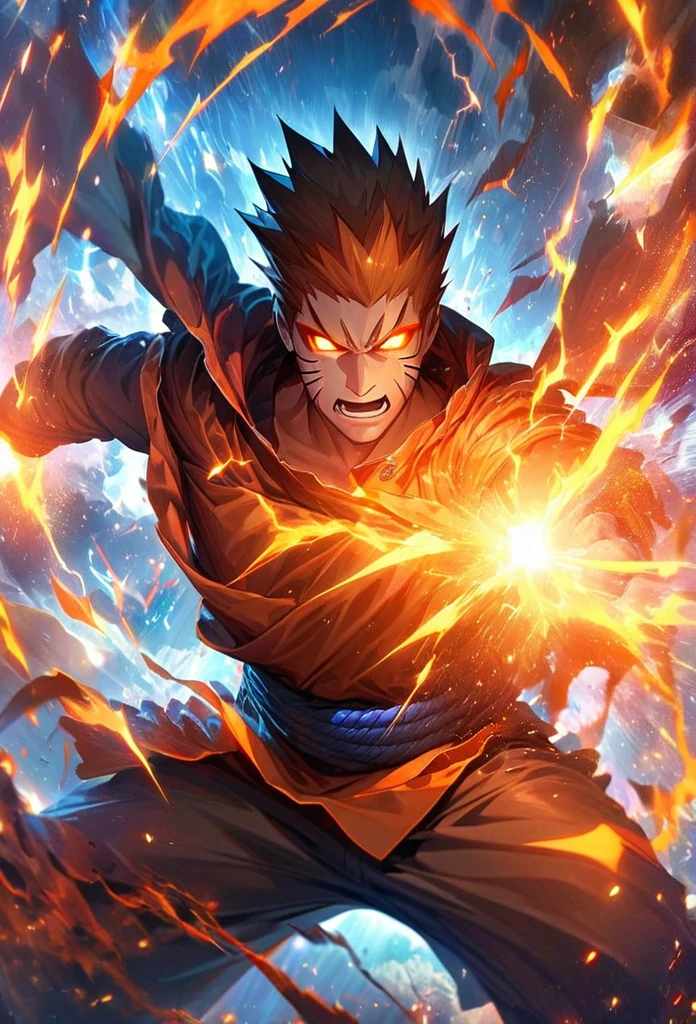 Symetrical,absurdres, highres, ultra detailed, HDR, masterpiece, extremely detailed face, orenge eyes, orenge hair,Naruto ,,,  , solo, man, handsome, ,, , Epic fight scene,  blue water effect, blue and orange lightning effect,glowing glitters