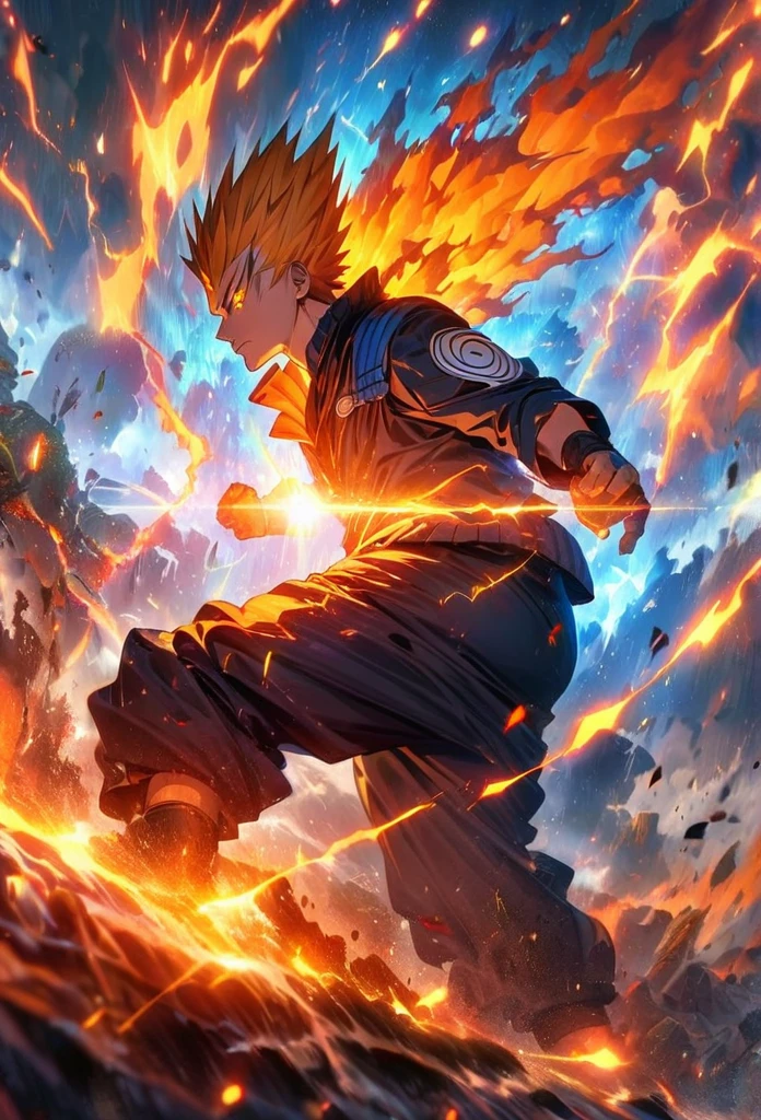 Symetrical,absurdres, highres, ultra detailed, HDR, masterpiece, extremely detailed face, orenge eyes, orenge hair,Naruto ,,, , solo, man, handsome, ,, , Epic fight scene, blue water effect, blue and orange lightning effect,glowing glitters
