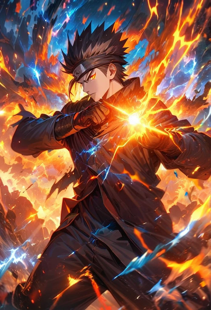 Symetrical,absurdres, highres, ultra detailed, HDR, masterpiece, extremely detailed face, orenge eyes, orenge hair,Naruto ,,,  , solo, man, handsome, ,, , Epic fight scene,  blue water effect, blue and orange lightning effect,glowing glitters