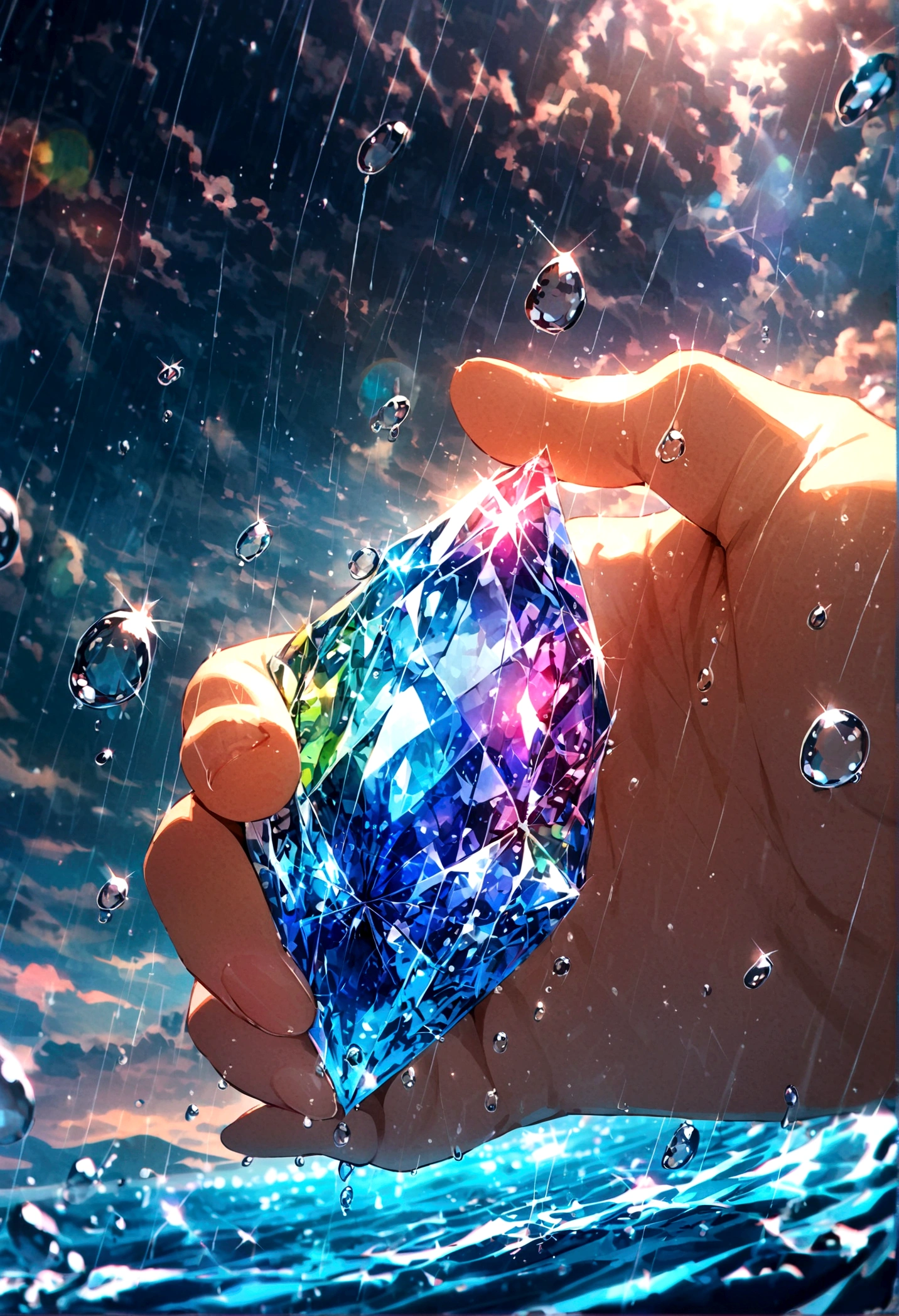 short hair,Beautiful sky, rain,(Crystal clear rain sparkles in the sky,Water Drops), masterpiece,high resolution,Wide-angle lens