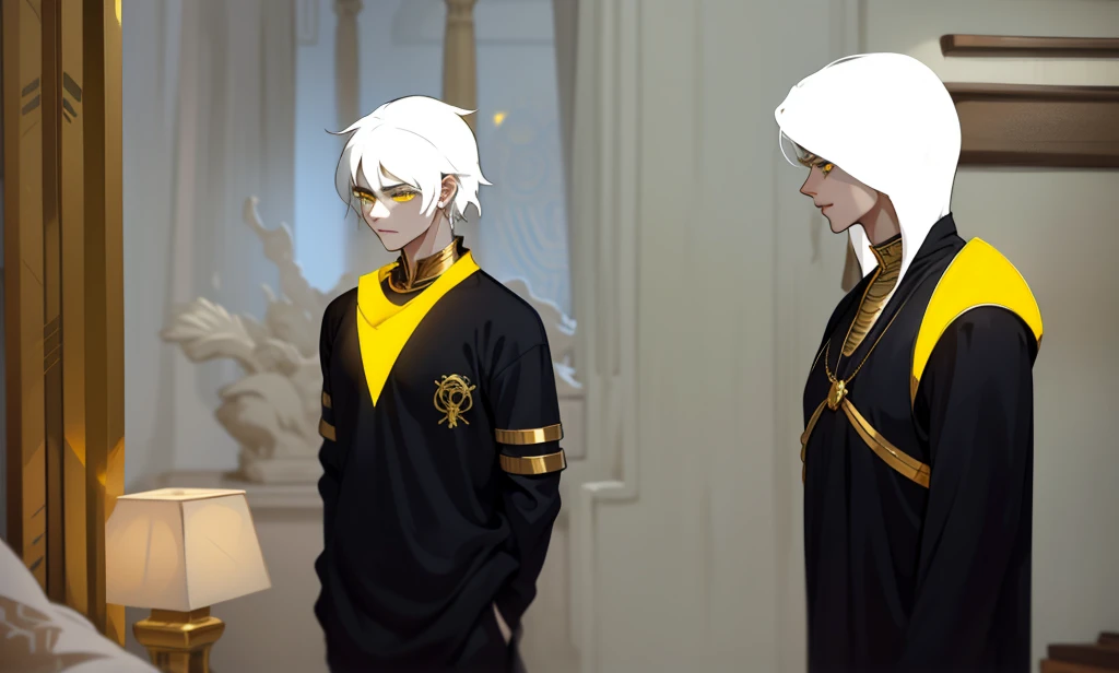 There are two demigods, they are 18 years old, white hair, yellow eyes, golden jewelry, black and yellow tunics. , They are talking seriously thoughtful, They are in a room in a palace in ancient Egypt.