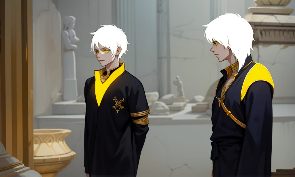 There are two demigods, they are 18 years old, white hair, yellow eyes, golden jewelry, black and yellow tunics. , They are talking seriously thoughtful, They are in a room in a palace in ancient Egypt.