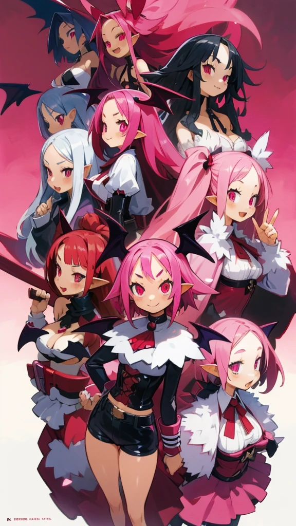 High detailed, group of girls, 5 vampire girls, Amaranth colored hair, pink eyes, smiling, tongue  out, round buson, gorgeous plump body, vampire's Cape, red tight Bustier, spiked belt, Tight mini shorts, large Bat wings, leaping pose, quintuplets