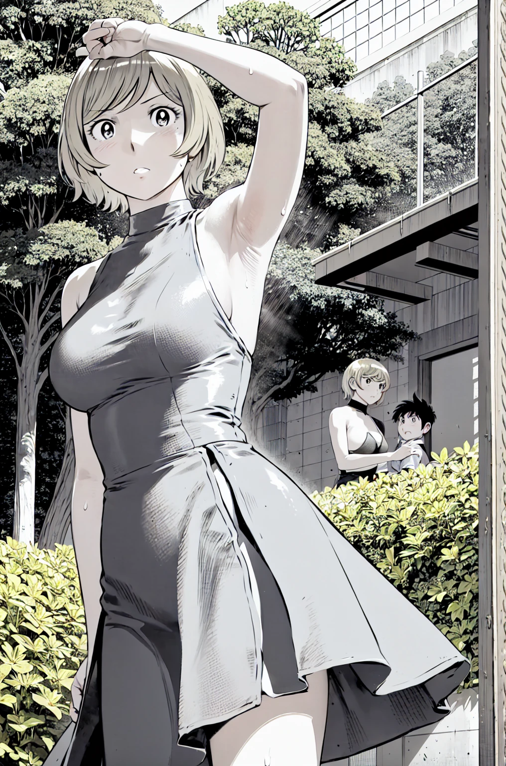 、(masterpiece、Highest quality)、Highest quality, Ultra-high resolution, (((masterpiece))), alone, Sweat、Big eyes, Please show me your armpits, No sleeve、Outdoor、Floral dress、Composition from the front、（Cut the back hair short、short hair、blonde、woman）、Shortcuts、Embarrassed face、Cut your hair short、可愛いwomanの子、Big Breasts