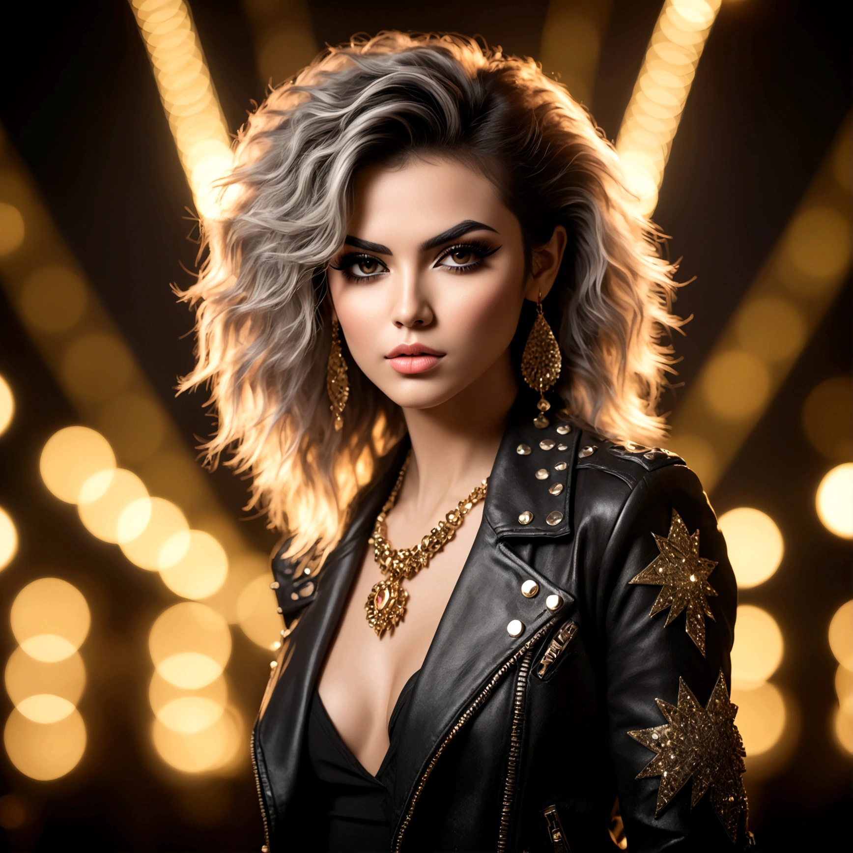 photo shot on Nikon D850, she is a rockstar., in style a glam rock, detailed face, blushing, teasing, Alluring. highly stylized, depth of field, bokeh effect, backlit, stylish, breathtaking, visually rich, masterpiece, full body shot.