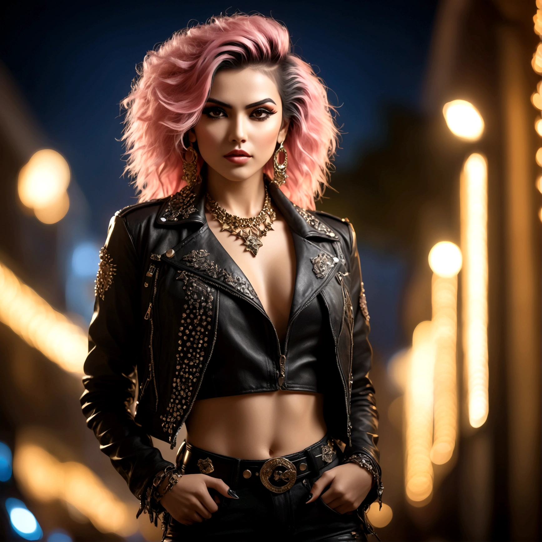 photo shot on Nikon D850, she is a rockstar., in style a glam rock, detailed face, blushing, teasing, Alluring. highly stylized, depth of field, bokeh effect, backlit, stylish, breathtaking, visually rich, masterpiece, full body shot.
