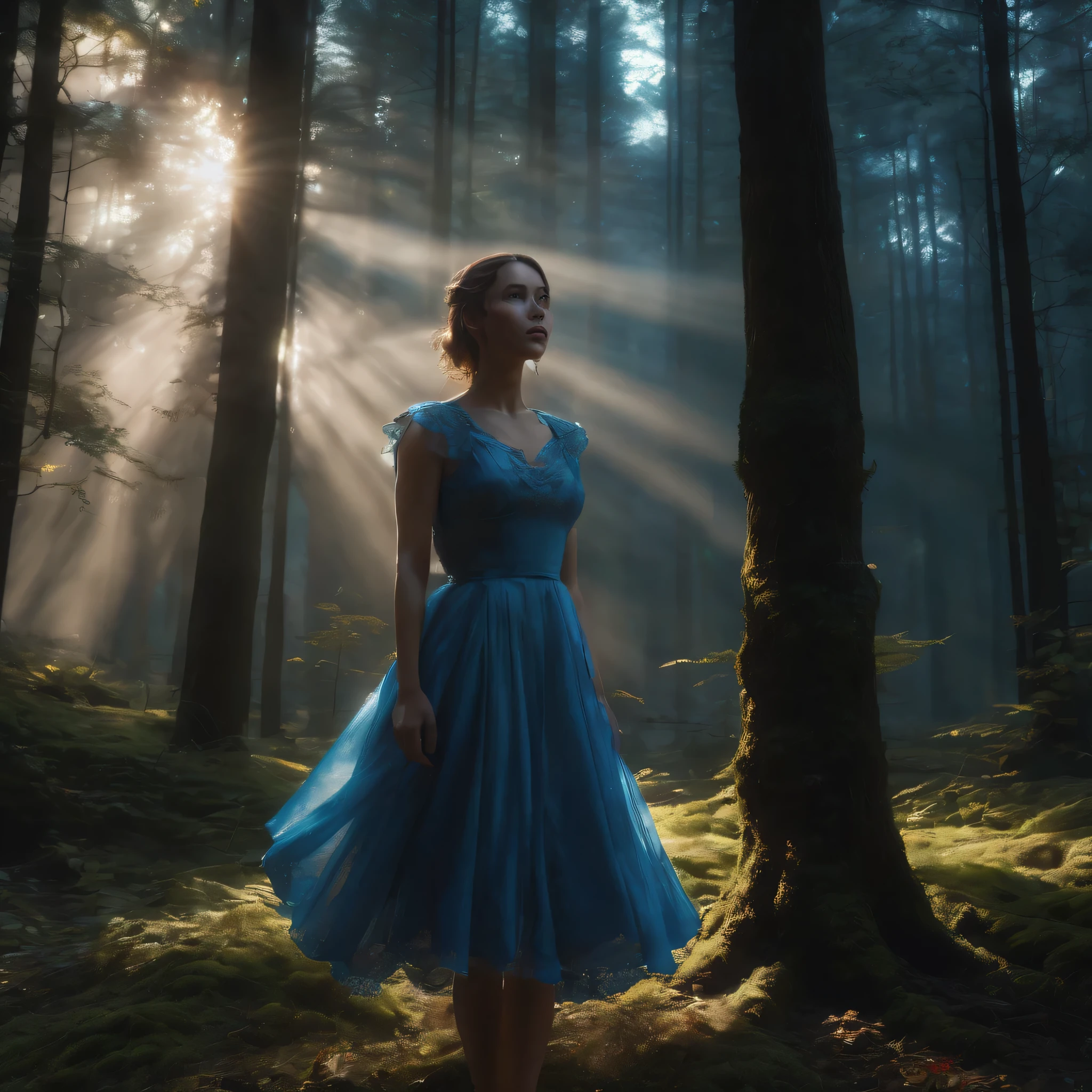 Tyndall effect, aesthetic, extremely detailed, Masterpiece, Best Quality, Tyndall effect, beams of light, 1 girl, Alone, blue dress, Thighs, standing, seeking out, In the woods, trees, sunLight rays, volumetric lighting, cinematic lighting, Light rays, light dispersion, volumetric fog, fog, Atmosphere, photorealistic, 8k, unreal engine, octane rendering
