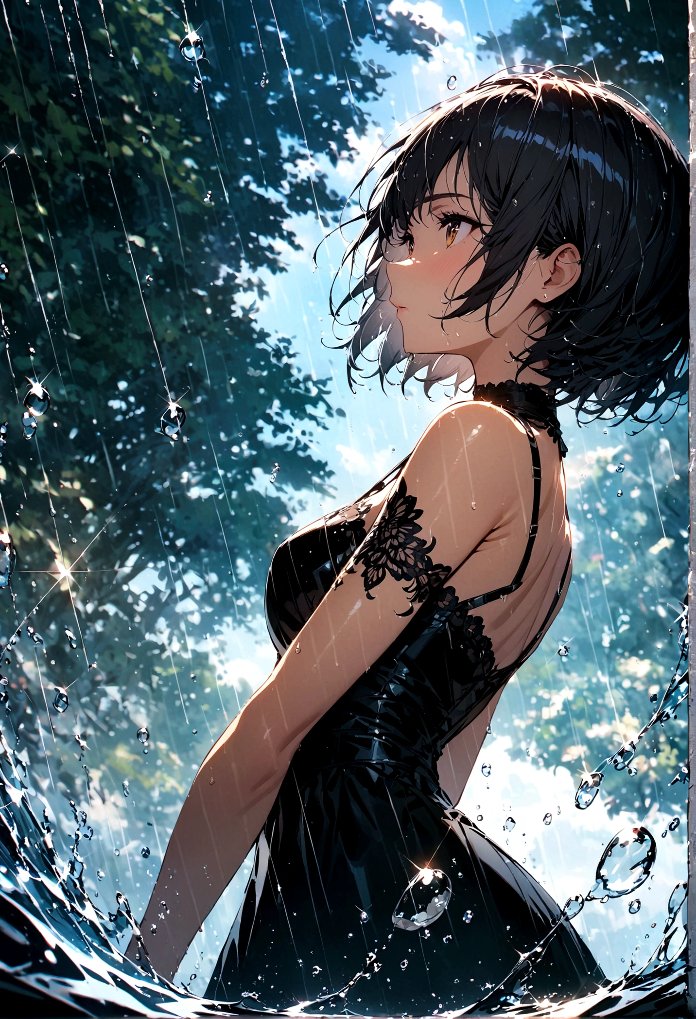 short hair,Beautiful sky, rain，(Crystal clear rain sparkles in the sky,Water Drops), masterpiece,high resolution