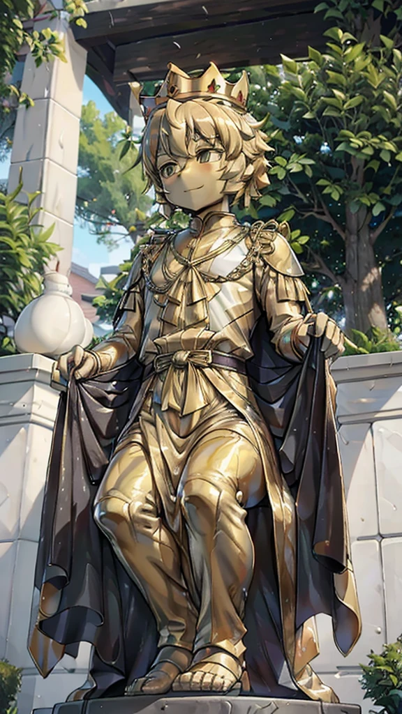 王子的黄金statue，Prince style，Prince costume，宫廷Dress，黄金statue，男孩的黄金statue，带着黄金冠冕的黄金statue，脚边停着一只燕子的黄金statue，金色男孩statue，黄金statue，Dress，Dress，西式宫廷男士Dress，cute男孩，British style，Victorian style，crown，crown，cute，cute，Golden Boy Sculpture，金色男孩statue，黄金statue，佩剑的黄金statue，腰带上挂着配剑的黄金statue，statue，statue，statue，巨大金色statue，巨大金色statue，Outdoor Background，微笑的statue，