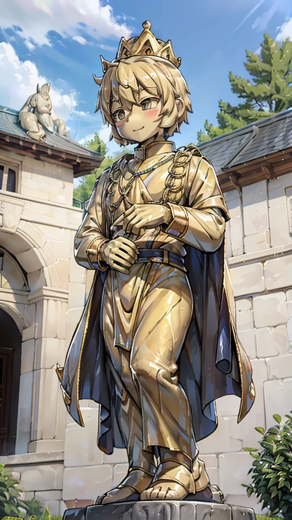 王子的黄金statue，Prince style，Prince costume，宫廷Dress，黄金statue，男孩的黄金statue，带着黄金冠冕的黄金statue，脚边停着一只燕子的黄金statue，金色男孩statue，黄金statue，Dress，Dress，西式宫廷男士Dress，cute男孩，British style，Victorian style，crown，crown，cute，cute，Golden Boy Sculpture，金色男孩statue，黄金statue，佩剑的黄金statue，腰带上挂着配剑的黄金statue，statue，statue，statue，巨大金色statue，巨大金色statue，Outdoor Background，微笑的statue，