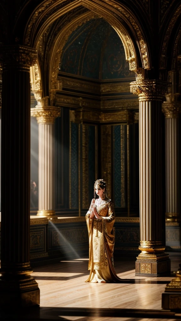a woman dressed in ancient royal attire, praying to the gods in an ornate temple, elaborate offerings, detailed ornate architecture, golden light, dramatic lighting, atmospheric, cinematic, mystical, fantasy, concept art, digital painting, 8k, highly detailed, masterpiece