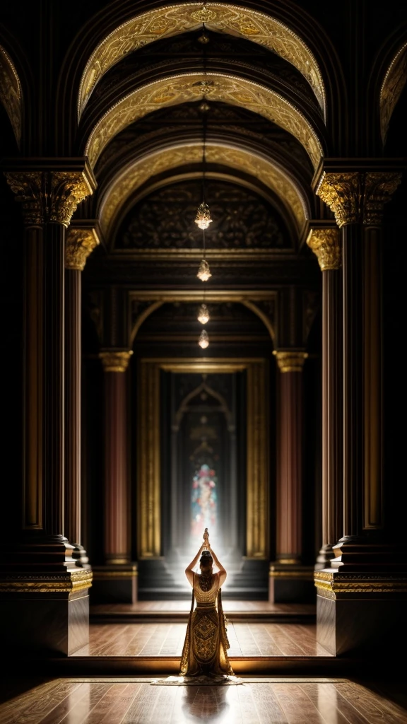 a woman dressed in ancient royal attire, praying to the gods in an ornate temple, elaborate offerings, detailed ornate architecture, golden light, dramatic lighting, atmospheric, cinematic, mystical, fantasy, concept art, digital painting, 8k, highly detailed, masterpiece
