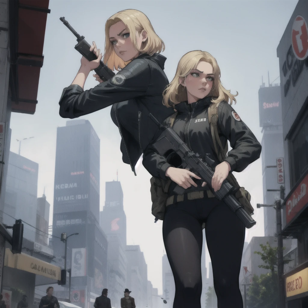 a beautiful detailed blonde girl holding a gun, and a man with a gun GTA5 character, cinematographic composition, City