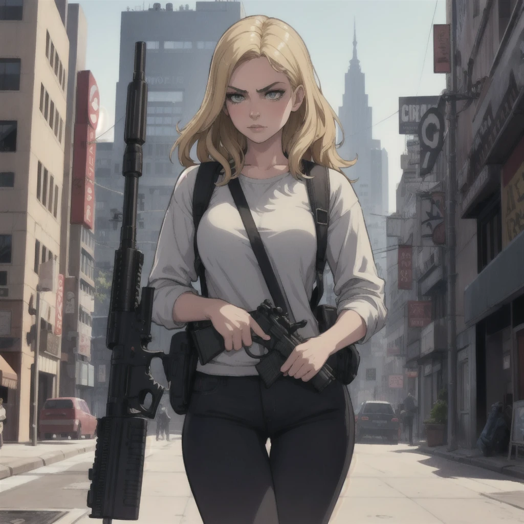 a beautiful detailed blonde girl holding a gun, and a man with a gun GTA5 character, cinematographic composition, City