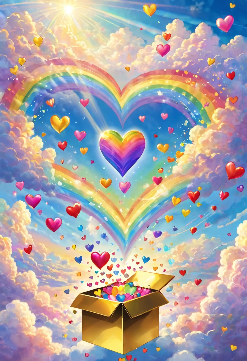 Angels handing out hearts, colorful hearts overflowing from a golden box, sky, above the clouds, heaven, rainbow light hearts, joy, sharing, perfect faces, perfect hands, dancing