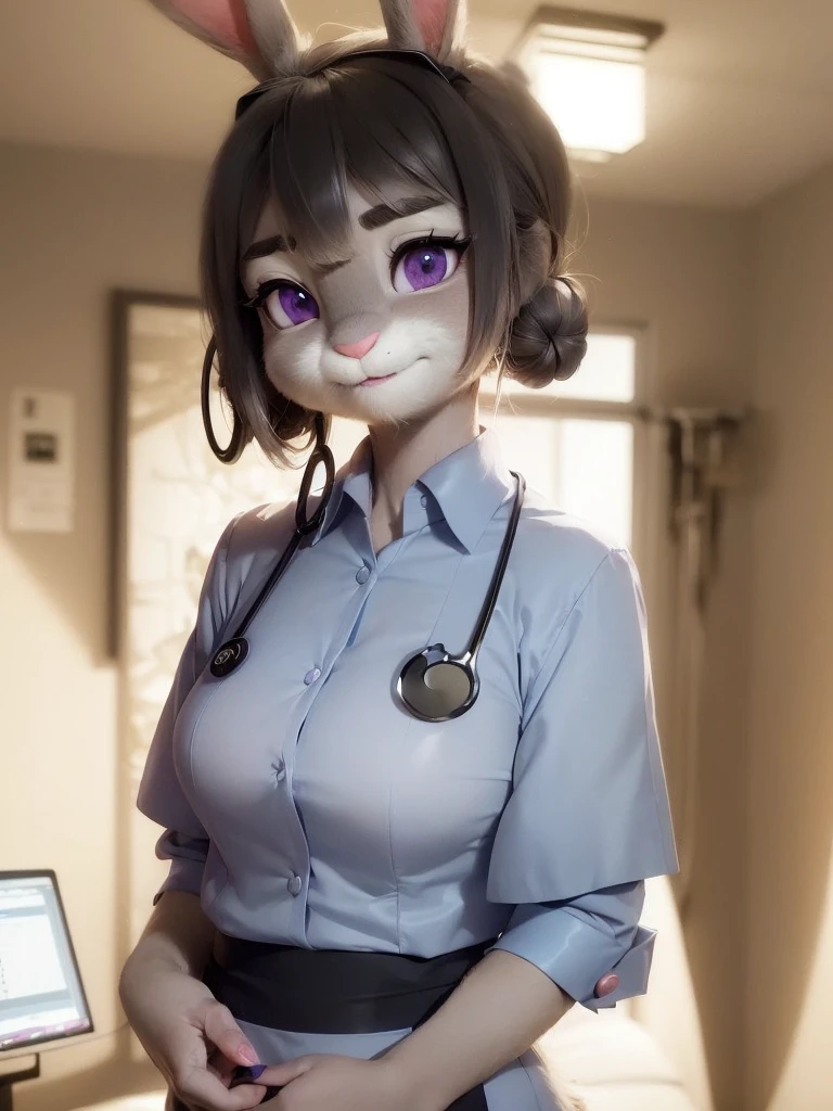Highest quality,
masterpiece,
Ultra-realistic,
Super detailed,
Beautiful details,
4K,8K,upper,
pixar,
Photo realistic,
Medium Shot,
Background is ((hospital room)),
Realistic lighting,
((Anthropomorphic rabbit)),
Detailed animals,
Complex patterns,
(Furry:1.35),
(All skin is grey:1.35),
(The body is fluffy and bushy:1.1),
Realistic fur,
Human hand,
(Judy Hopps face:1.35),
((Single bun hairstyle)),
((side part bangs)), bangs,
hair color is dark gray,
Purple eyes,
{Eye highlights, Clear eyes, Eyes sparkling, Large, round pupils},
Detailed Iris,
(Eyebrows raised:1.2),
(Crescent eyebrows:1.3),
(Bunny ears:1.3),
hospitality smile,
((Angel smile)),
innocent smile,
raised corners of mouth,
The woman is wearing ((nurse uniform)) with collar, skirt,
cyan blue nurse uniform,
cyan blue nurse skirt,
collared shirt,
((Stethoscope)),
((consultation)),
Put one hand on self neck,
(alone:1.5),
(1. Female:1.5),
Only 1 character,
Perfect Anatomy,
lighting forward,
Lighting front,
Intricate details,
Ray Tracing,
Realistic,