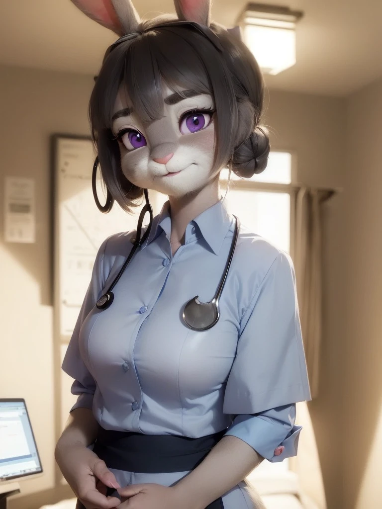 Highest quality,
masterpiece,
Ultra-realistic,
Super detailed,
Beautiful details,
4K，8K，upper,
pixar,
Photo realistic,
Medium Shot,
Background is ((hospital room)),
Realistic lighting,

((Anthropomorphic rabbit)),
Detailed animals,
Complex patterns,
(Furry:1.35),
(All skin is grey:1.35),
(The body is fluffy and bushy:1.1),
Realistic fur,

Human hand,

(Judy Hopps face:1.35),
((Single bun hairstyle)),
((side part bangs)), bangs,
hair color is dark gray,
Purple eyes,
{Eye highlights, Clear eyes, Eyes sparkling, Large, round pupils},
Detailed Iris, 
(Eyebrows raised:1.2),
(Crescent eyebrows:1.3),
(Bunny ears:1.3),
hospitality smile,
((Angel smile)),
innocent smile,
raised corners of mouth,

The woman is wearing ((nurse uniform)) with collar, skirt,
cyan blue nurse uniform,
cyan blue nurse skirt,
collared shirt,
((Stethoscope)),
((consultation)),
Put one hand on self neck,

(alone:1.5),
(1. Female:1.5),
Only 1 character,
Perfect Anatomy,

lighting forward,
Lighting front,
Intricate details, 
Ray Tracing, 
Realistic, 