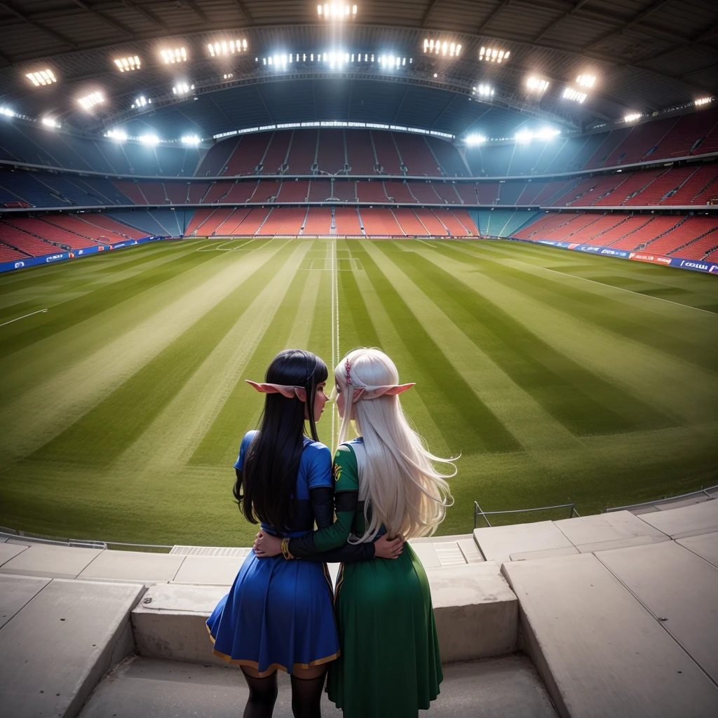 2 Half-elf, females  in the middle of a uefa 2024 stadium, they wear the uniforms of two different football teams, one dark and the other light, there are only the two of them in the stadium