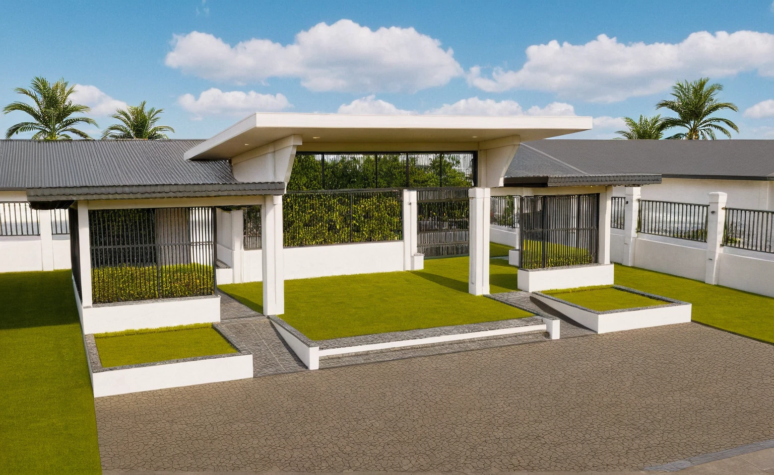 Masterpiece, high quality, best quality, authentic, super detail, outdoors, huts style modern, white concrete wall, field landscape, sunset, gate road, pavement, grass, trees, blue sky, cloud, (day:1.1), realistic lighting