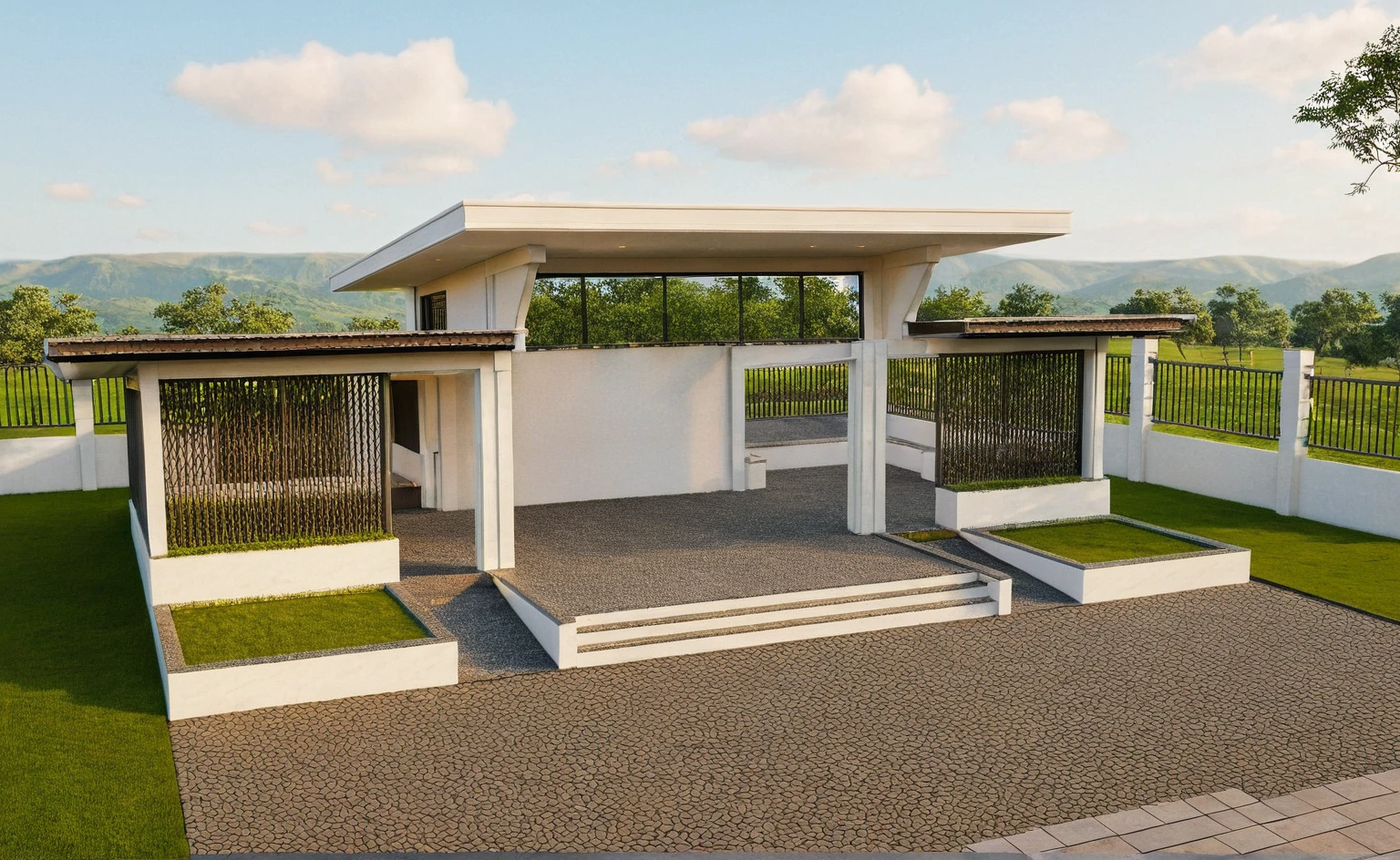 Masterpiece, high quality, best quality, authentic, super detail, outdoors, huts style modern, white concrete wall, field landscape, sunset, gate road, pavement, grass, trees, blue sky, cloud, (day:1.1), realistic lighting
