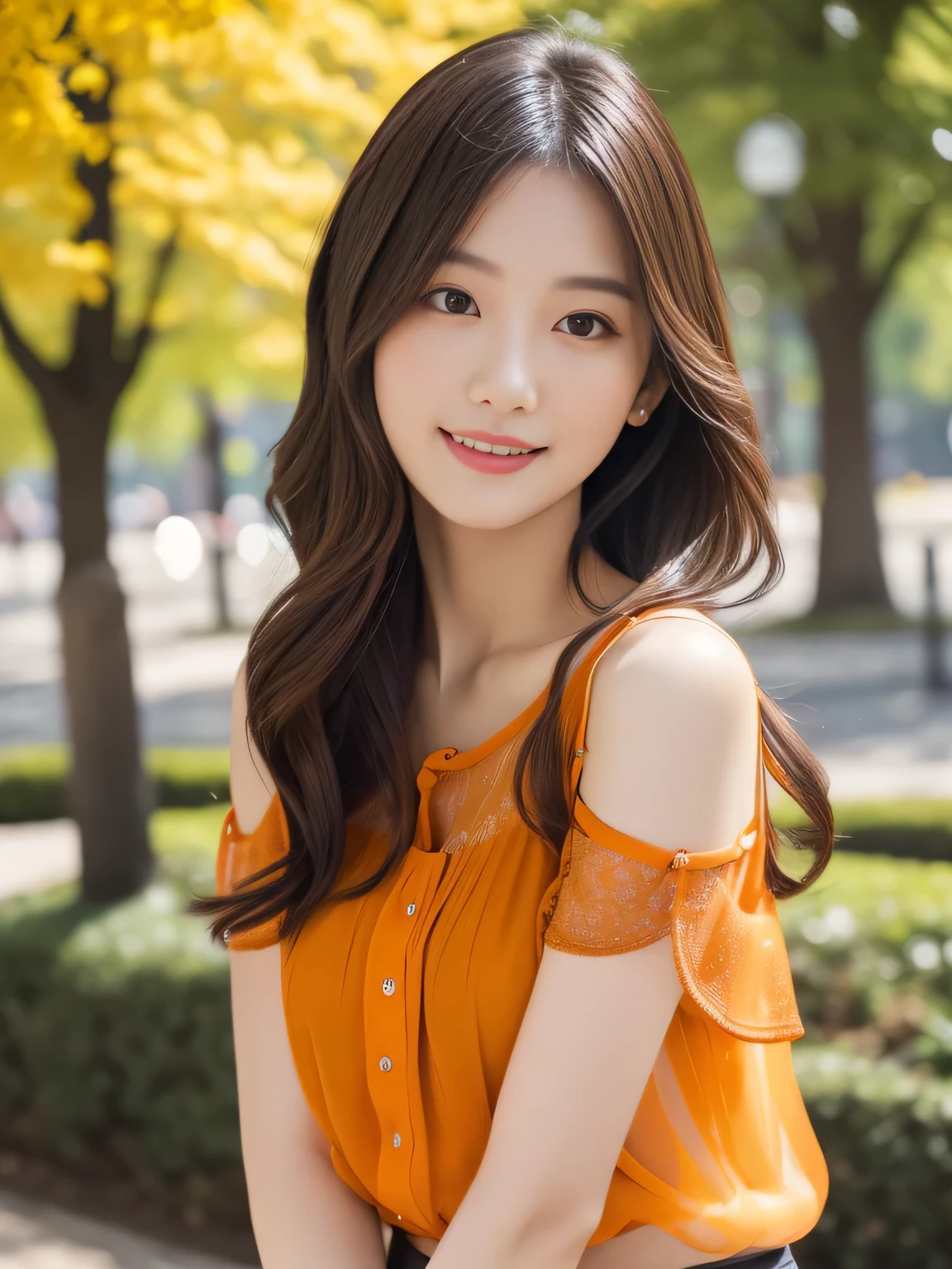 1 Girl,(Wearing an orange short-sleeved see-through blouse:1.3),(RAW Photos, Highest quality), (Realistic, Realistic:1.4), Tabletop, Very delicate and beautiful, Very detailed, 2k wallpaper, wonderful, In detail, Very detailed CG Unity 8k wallpaper, Very detailed, High resolution, Soft Light, Beautiful detailed girl, Very detailed目と顔, Beautiful and sophisticated nose, Beautiful and beautiful eyes, Cinema Lighting, Spring afternoon park background, Perfect Anatomy, Slender body, smile, Wavy long hair, (Random body orientation), face looking at the camera,