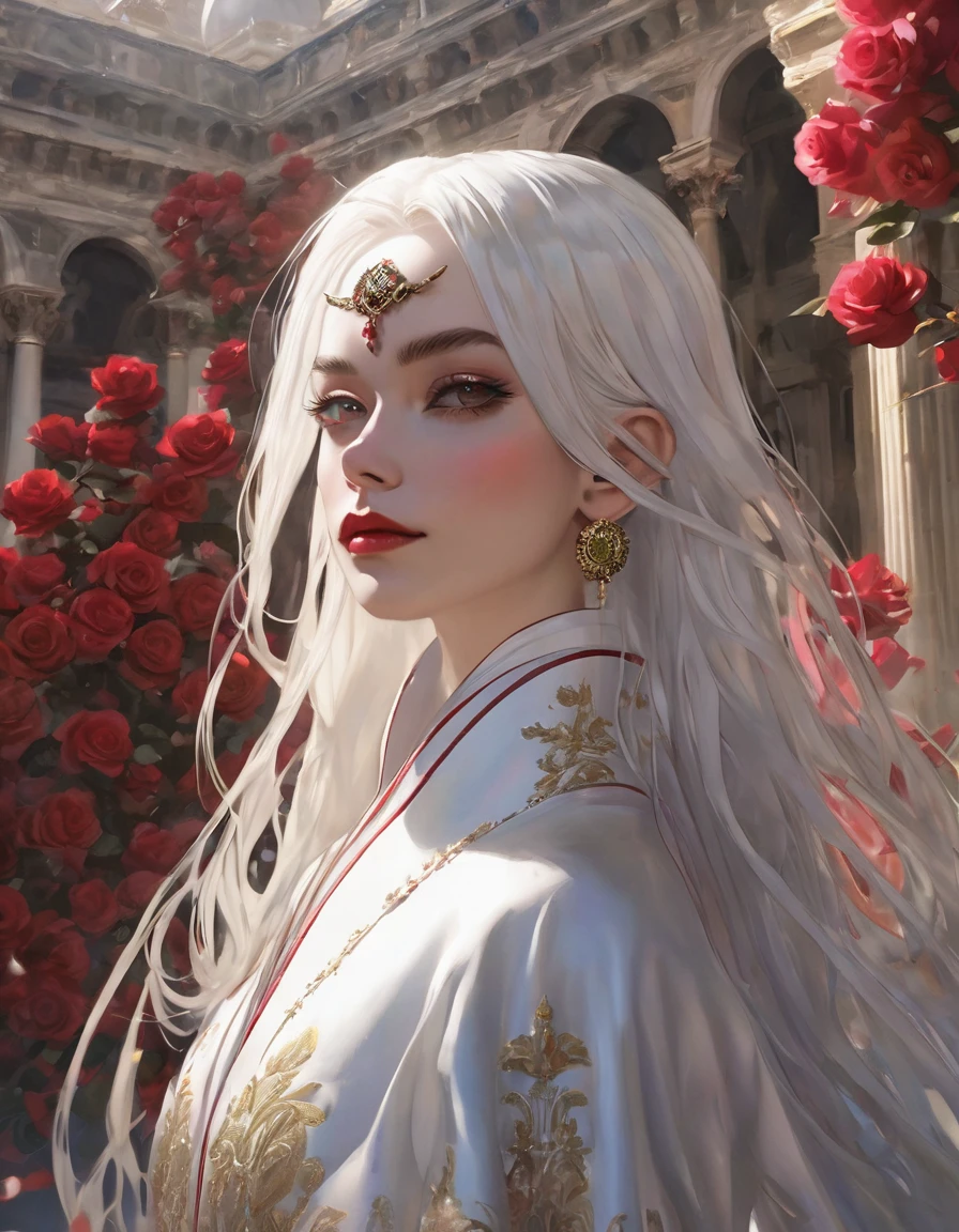 masterpiece, Highest quality, (alone focus), (Perfect Face:1.1), (High detail:1.1),dramatic, 1 person, (Pale skin), Long white hair, White eyes, [Thin eyebrows], alone, Venetian Mask, White luxury suit, Covered navel, Pouting, Covered, Ballroom, Detailed Background, art：artgerm と greg rutkowski,  Cinema Lighting, rose