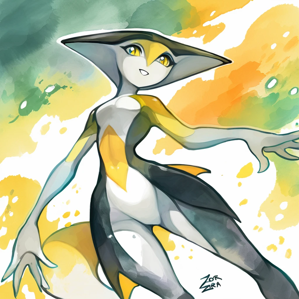 Zora with green orange yellow and white color palette with background in ink and wash art style