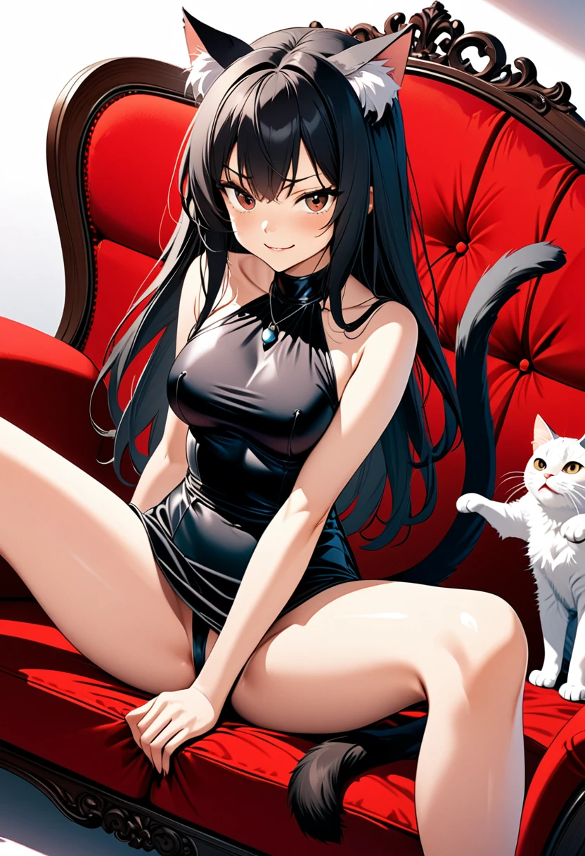 detailed illustration, dynamic angle, ultra-detailed, illustration, 1girl, medium breasts, black club dress, sitting on a red velvet couch, catgirl, cats, black hair, long hair, cat ears, cat tail, smirk, spread legs