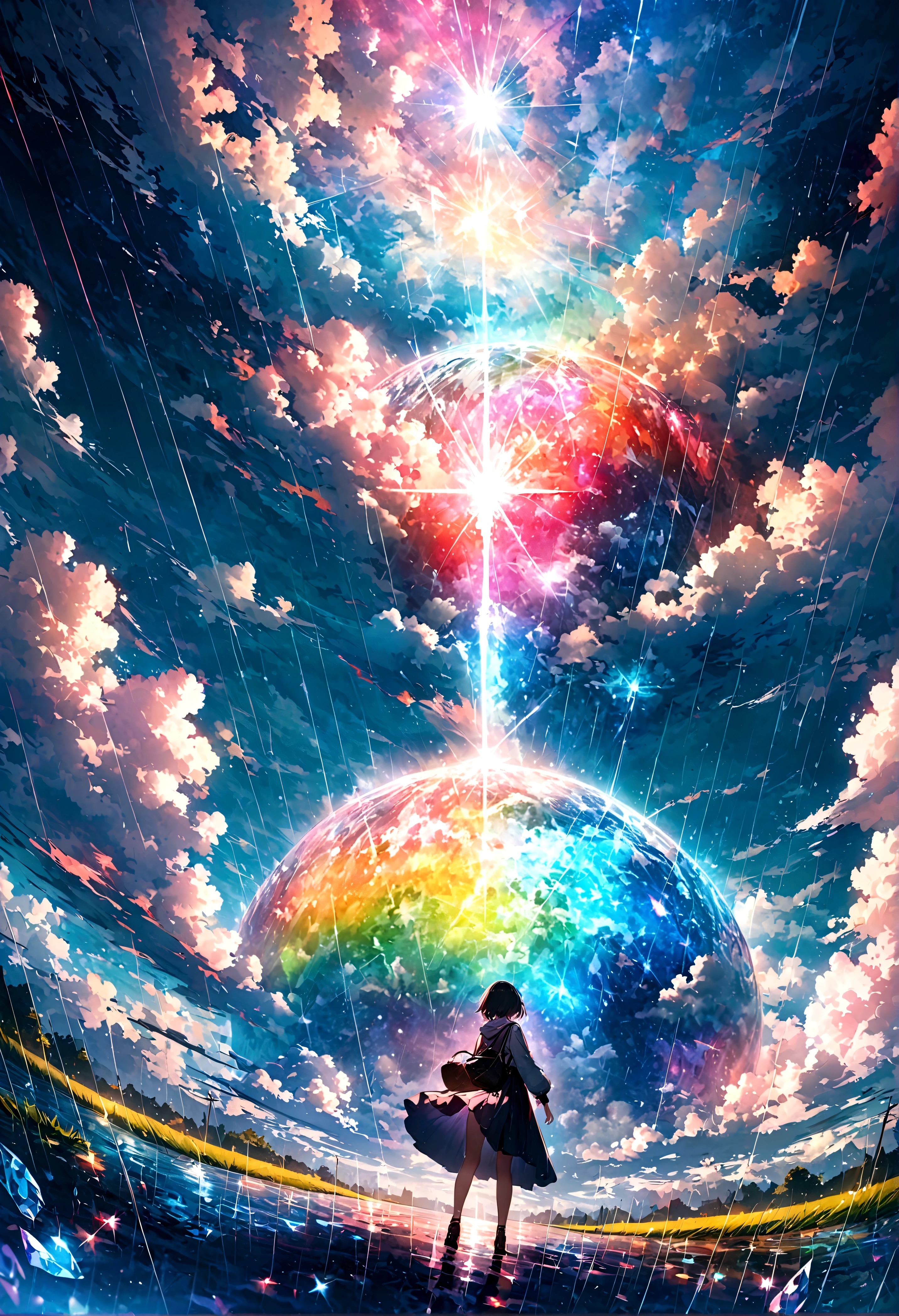 short hair,Beautiful sky, Beautiful clouds, rain,(Crystal clear rain sparkles in the sky), masterpiece,high resolution,Wide-angle lens